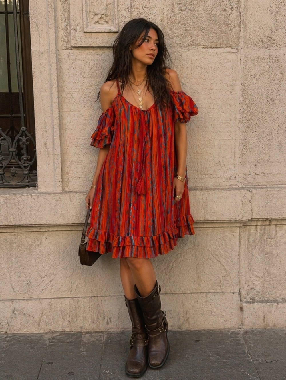 Cold Shoulder Dress Large, Urban Cowgirl Vibes, Girls Night, Orange Turquoise - Picture 2 of 8